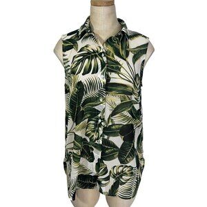 H&M tank top women's 2 green white tropical print sheer shell top button down
